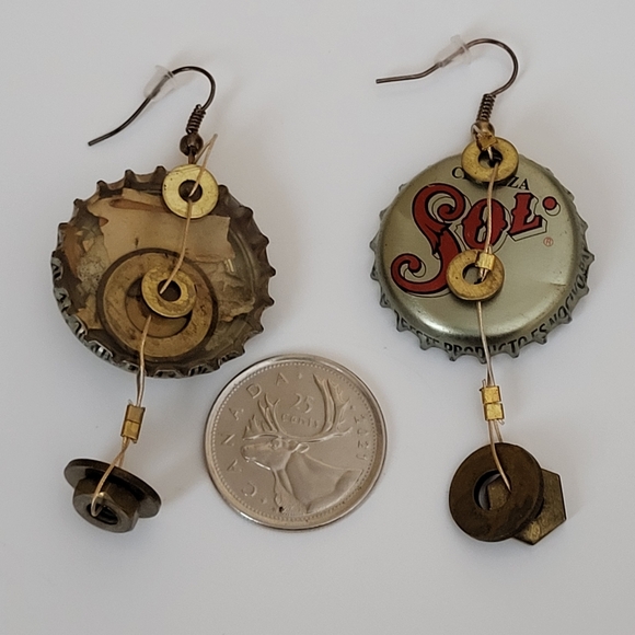 Mixed Metal Upcycled Hand Crafted Sol Cerveza Beer Bottle Cap Pierced Earrings - Picture 15 of 16